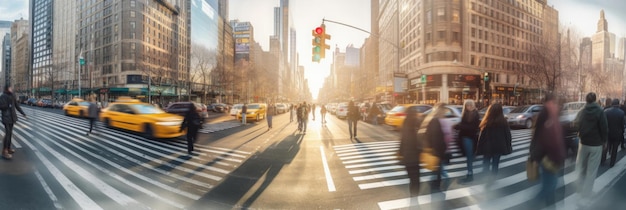 Photo blurred busy street scene with crowds of people walking across an intersection in new york city generative ai