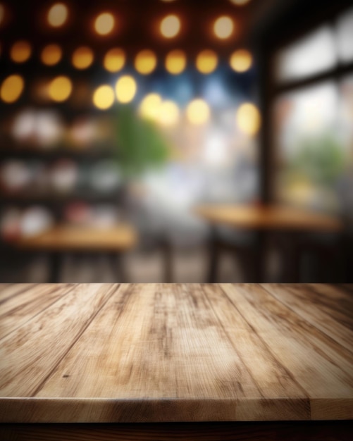 A blurred cafe background with a wooden table ideal for display or decor Generative AI