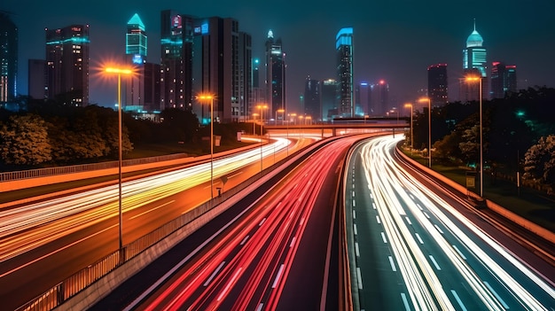 Blurred car light motion effect city road background with long exposure night lights with dynamic flashlight red and blue colors on black Car motion trails