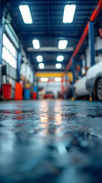 Blurred car repair station with epoxy floor electric lift background Vertical Mobile Wallpaper