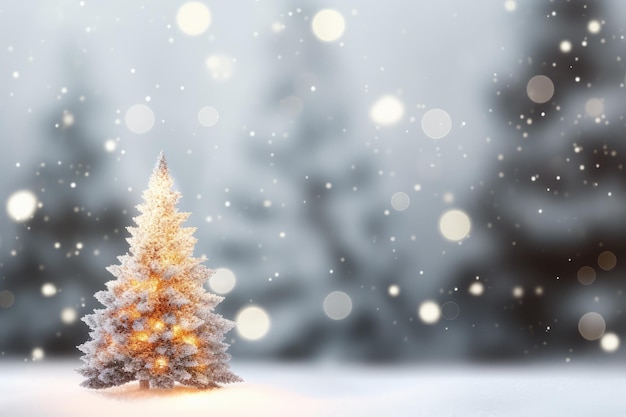 blurred christmas tree and lights on abstract white snow background