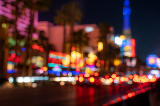 Blurred city lights at night color toning applied Las Vegas USA