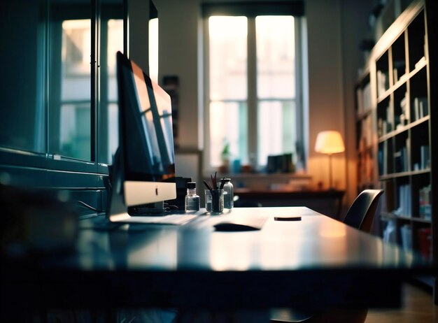 Blurred computer screen in a modern home office