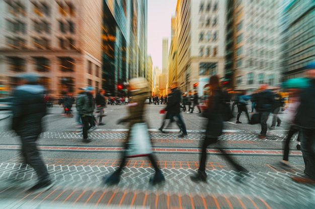 Photo blurred crowd of unrecognizable business people walking on zebra crossing in rush hour