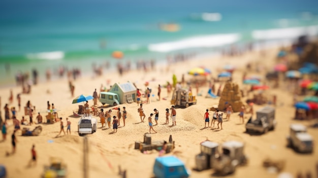 Blurred crowded day at the beach on sunny summer day and tilt shift effect