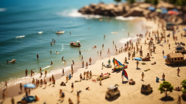 Blurred crowded day at the beach on sunny summer day and tilt shift effect