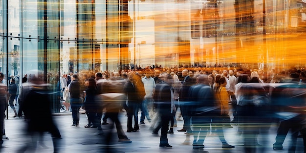 Blurred crowds of people merge together symbolizing the fastpaced urban life