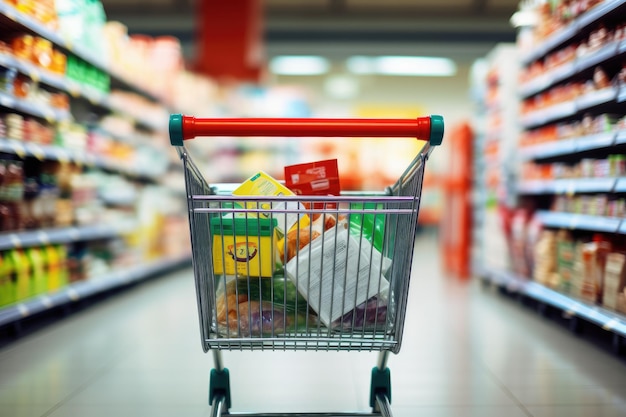 Blurred department store background supermarket aisle with cart