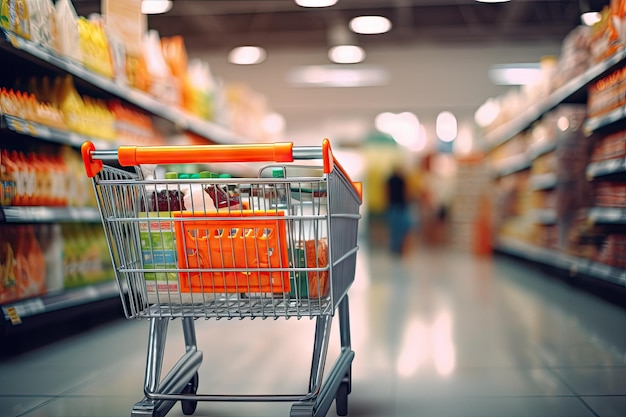 Blurred department store background supermarket aisle with cart