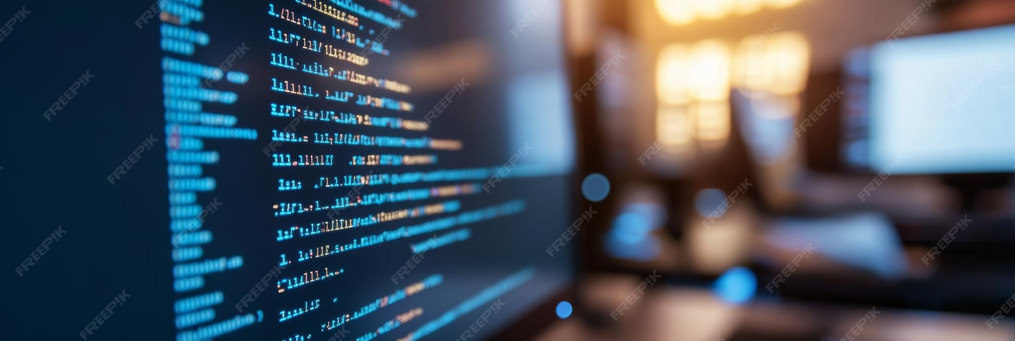 Blurred digital code on a computer screen showing lines of programming ...