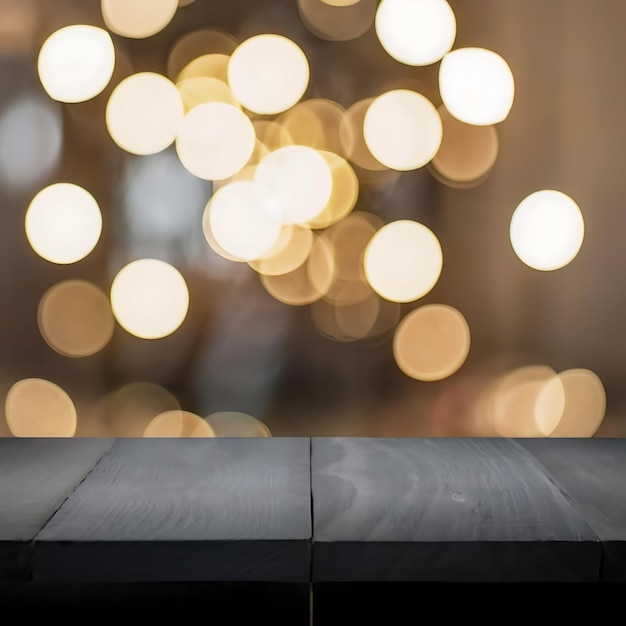 Foto tavolo di legno vuoto sfocato con sfondo bokeh sfocato sfondo bokah generativo ai