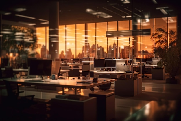 Blurred Evening Background of a modern office workspace business presentation interior workplace