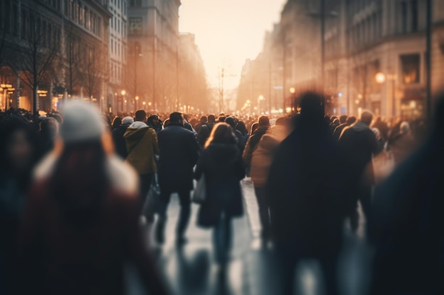 Blurred faceless crowd of people hurrying about their business on city street busy urban background