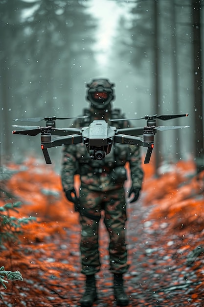 The blurred figure of operator in camouflage controls a combat drone