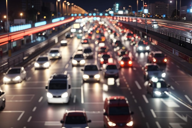 Foto ingorgo di filmati sfocati su un'ampia strada luci dei freni sfocate dense riprese notturne di interscambio di trasporti di traffico cittadino