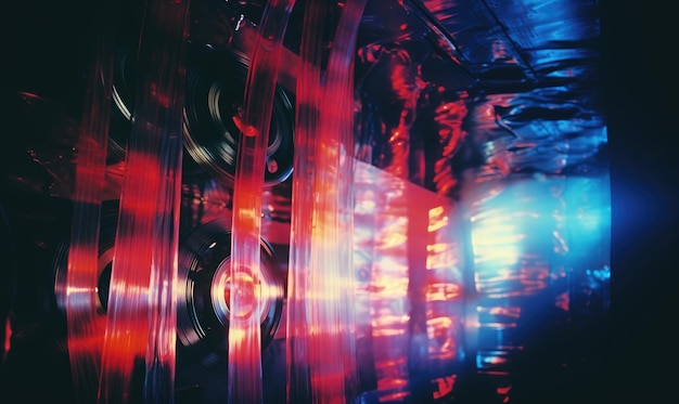 Blurred futuristic room with red and blue lights spinning wheel CD cover art film reels and modern art elements Created with generative AI tools