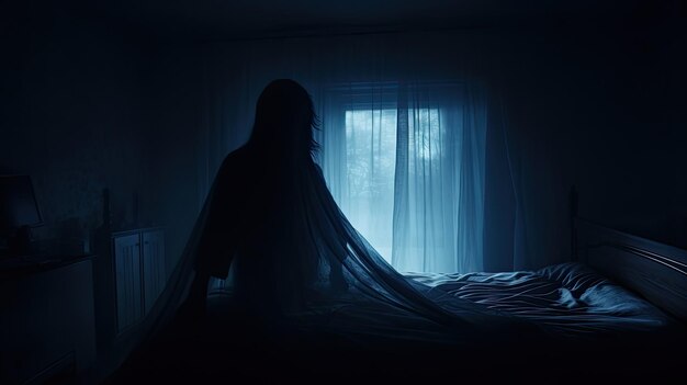 Blurred ghost silhouette in bedroom window at night horror scene on Halloween