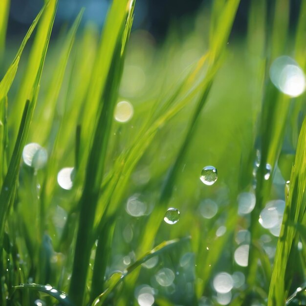 Blurred of green grass with water drops make more bokeh for using soft focus natural background