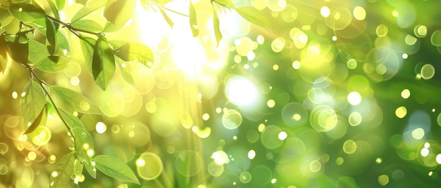 太陽の光でぼんやりした緑の自然 抽象的なボケ光効果 完璧な春のコンセプト