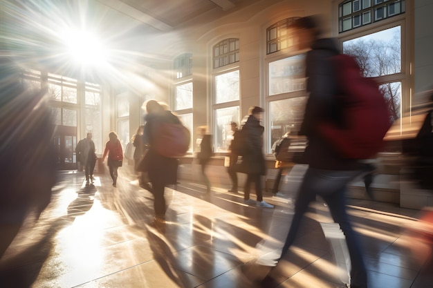 blurred group of young students going to class in fast movement