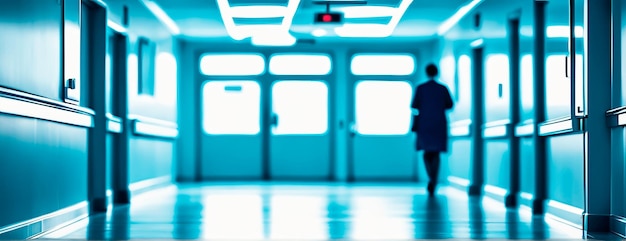 A blurred hospital corridor with a nurse passing by