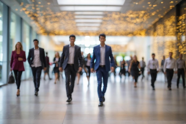 Blurred image of business people walking in the lobby of a modern office building