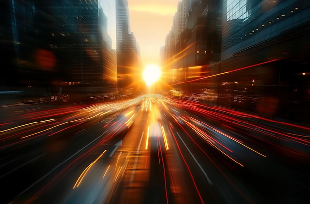 Photo blurred image of car traffic in the city at sunset