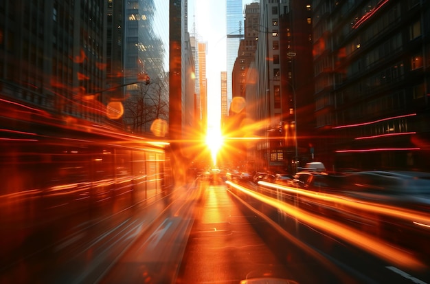 Размытое изображение автомобильного движения в городе при заходе солнца