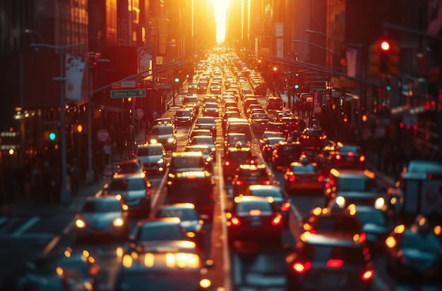 Foto immagine sfocata del traffico automobilistico in città al tramonto