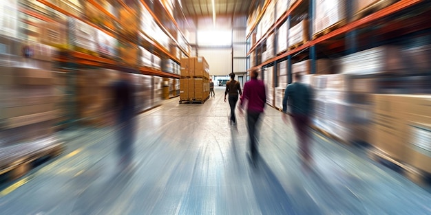 Photo blurred image of employees in a warehouse generative ai