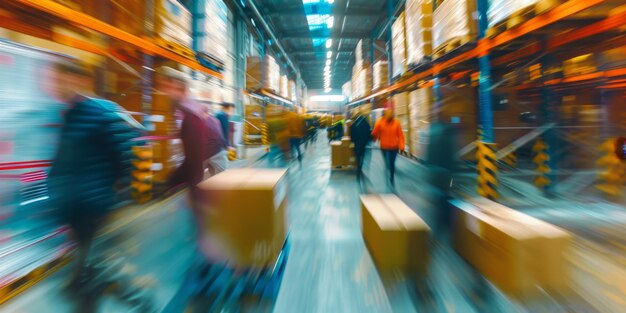 Photo blurred image of employees in a warehouse generative ai