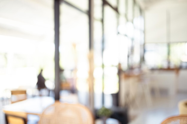 Blurred image inside a bright and beautifully decorated coffee shop.