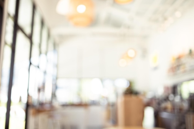 Blurred image inside a bright and beautifully decorated coffee shop.