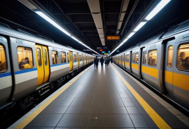 A blurred image of the Kyoto city metro in the morning serves as a captivating background scene