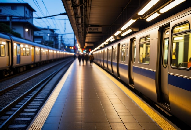 A blurred image of the Kyoto city metro in the morning serves as a captivating background scene