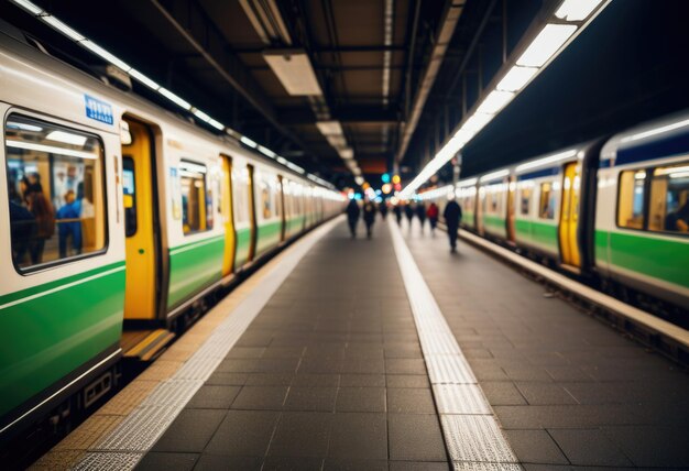 A blurred image of the Kyoto city metro in the morning serves as a captivating background scene