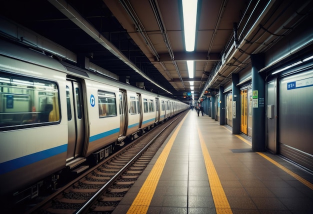 A blurred image of the Kyoto city metro in the morning serves as a captivating background scene