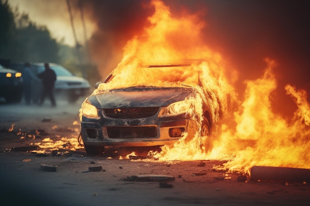 写真 道路上で火災が発生した車のぼやけた画像 事故車両火災 粒子が粗くて焦点が合っていない