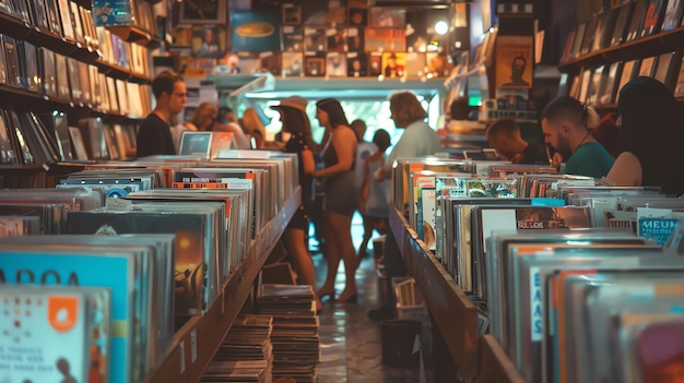 Foto immagine sfocata di persone che acquistano dischi in vinile in un negozio si può vedere una grande varietà di dischi sugli scaffali