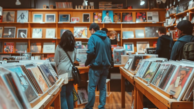 木製の棚と温かい囲気の店でビニールレコードを買う人々のぼんやりした画像