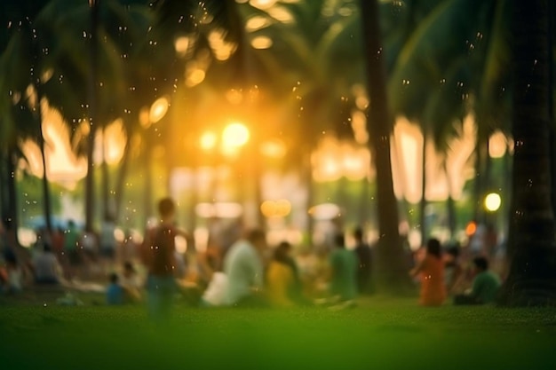 a blurred image of people sitting under a palm tree with the sun behind them