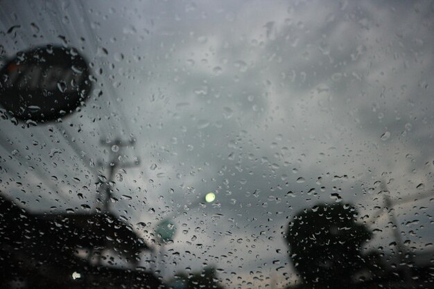 Blurred image of a raindrops on the windshield.