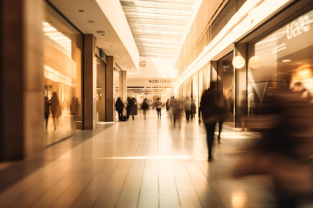 A blurred image of a shopping mall with people moving in the hallway