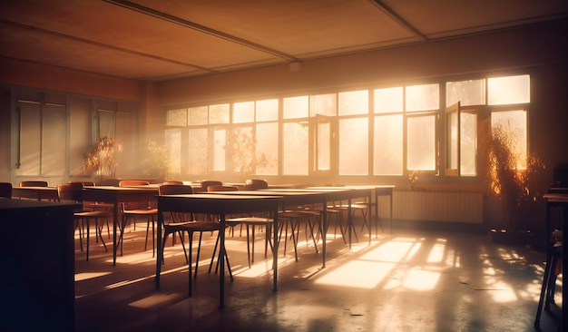 A blurred image showing an empty classroom