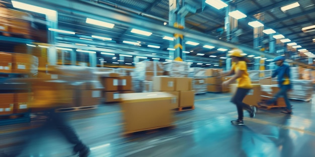 Photo blurred image of warehouse employees generative ai