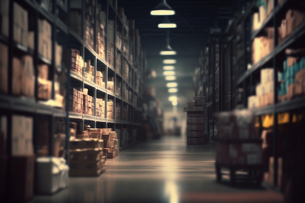 Blurred industrial warehouse interior created with generative AI