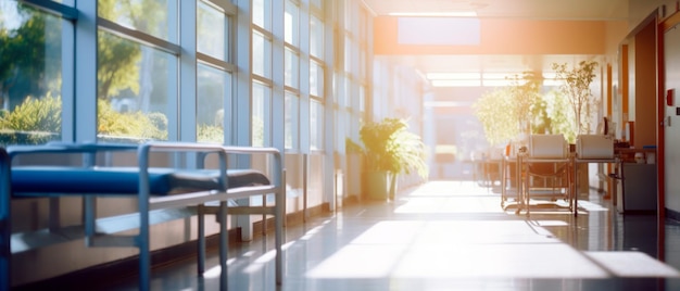 Blurred interior of hospital hall Abstract medical banner with empty space for text