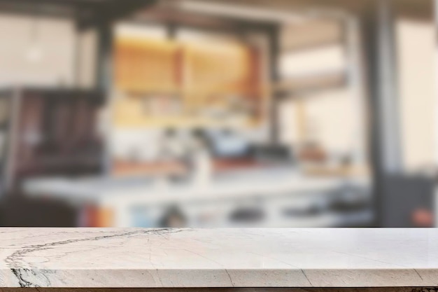 Blurred kitchen background with empty marble table.