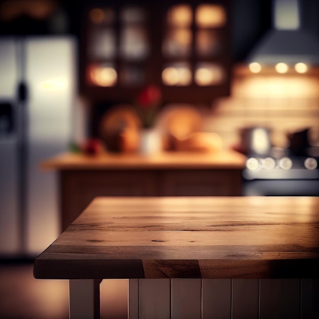 Blurred kitchen interior. Wooden table background of free space for your decoration. Generate by AI