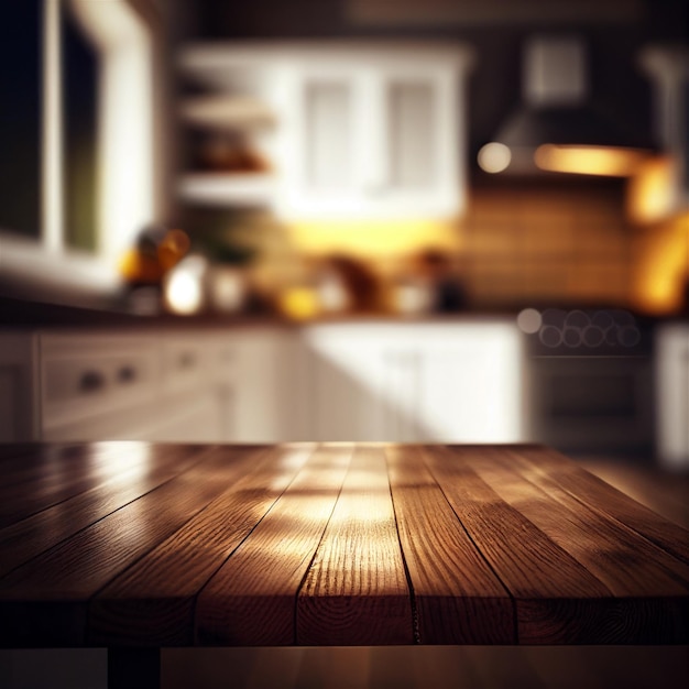 Blurred kitchen interior. Wooden table background of free space for your decoration. Generate by AI